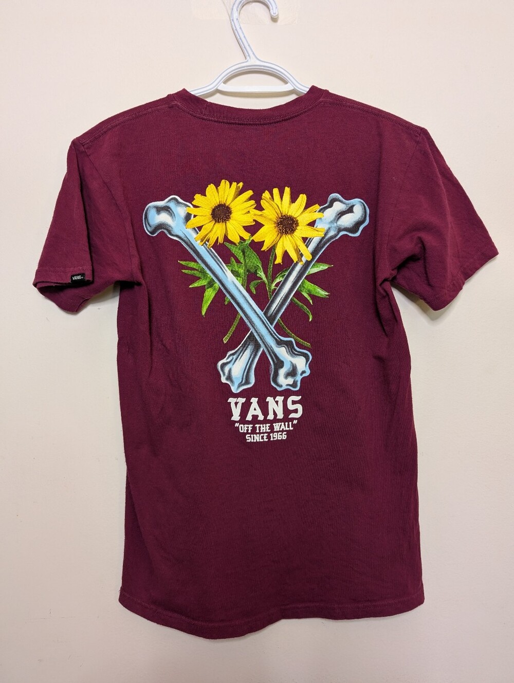 Vans Men's Maroon Graphic Tee with Yellow Sunflowers